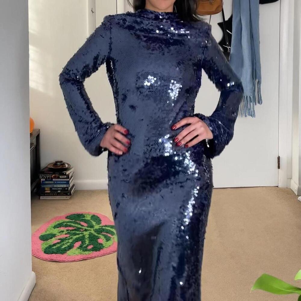 Navy blue sequin maxi dress with long sleeves & high neck. self portrait, size 0 - Picture 5 of 8